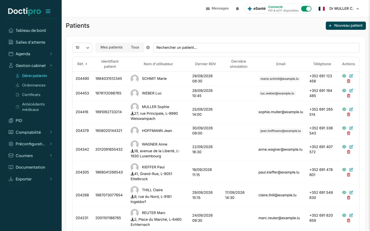 Liste des patients : recherche, dernier rendez-vous, contact.