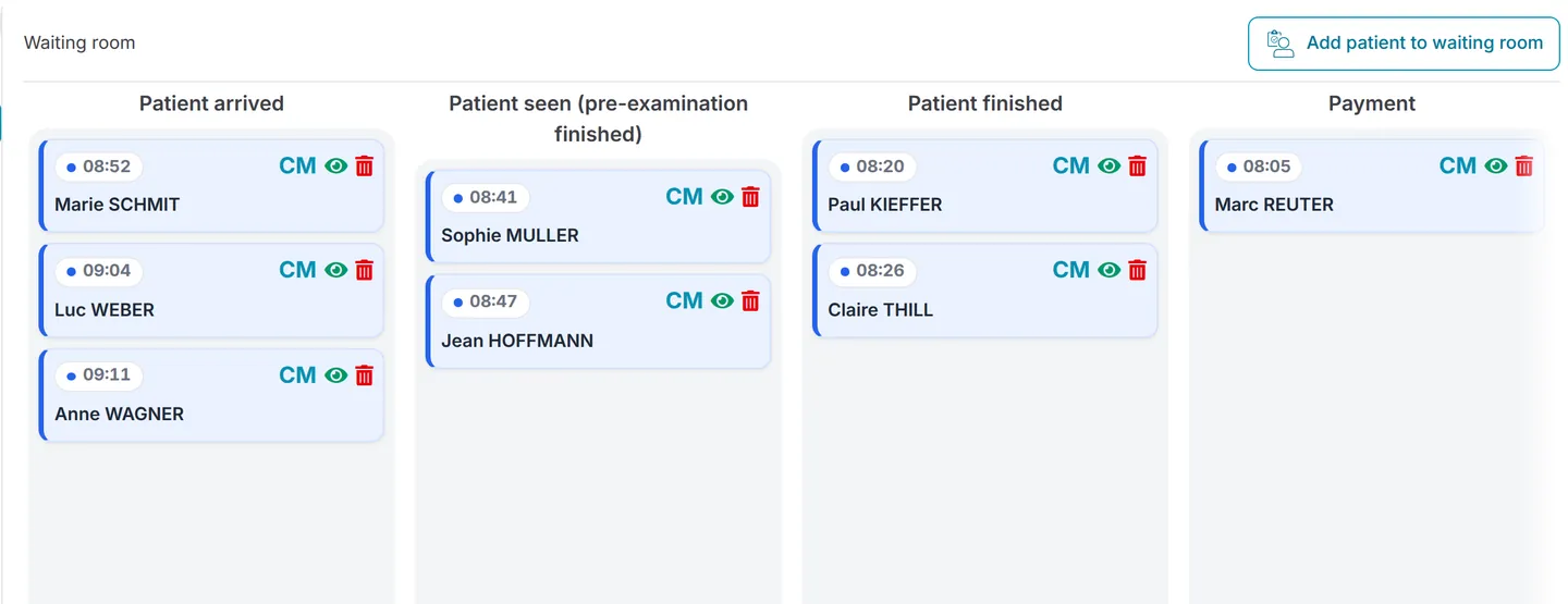 Follow every patient, from arrival to payment.