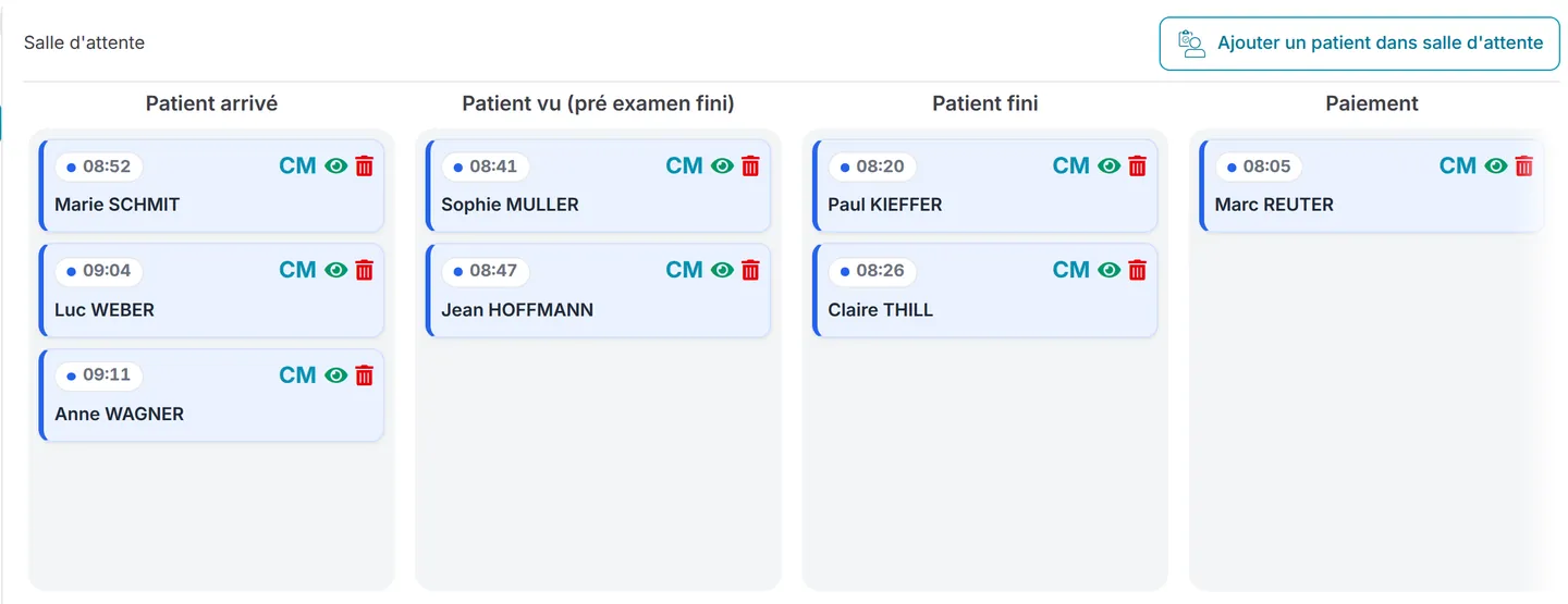 Suivez chaque patient, de l'arrivée au paiement.