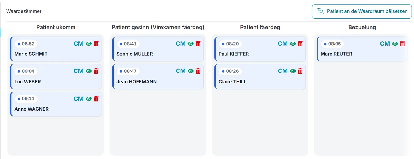 All Patient verfollegen, vum Ukommen bis zum Bezuelen.